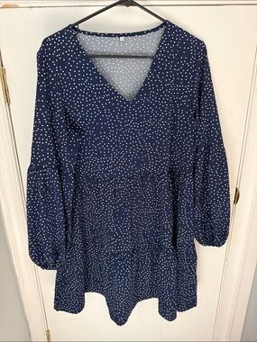 Polka Dot Long Sleeve V-Neck Dress - Navy